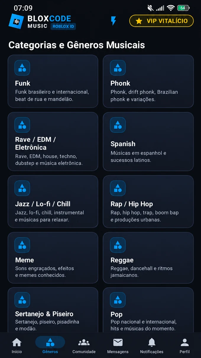 Exemplo da tela de gêneros musicais do aplicativo