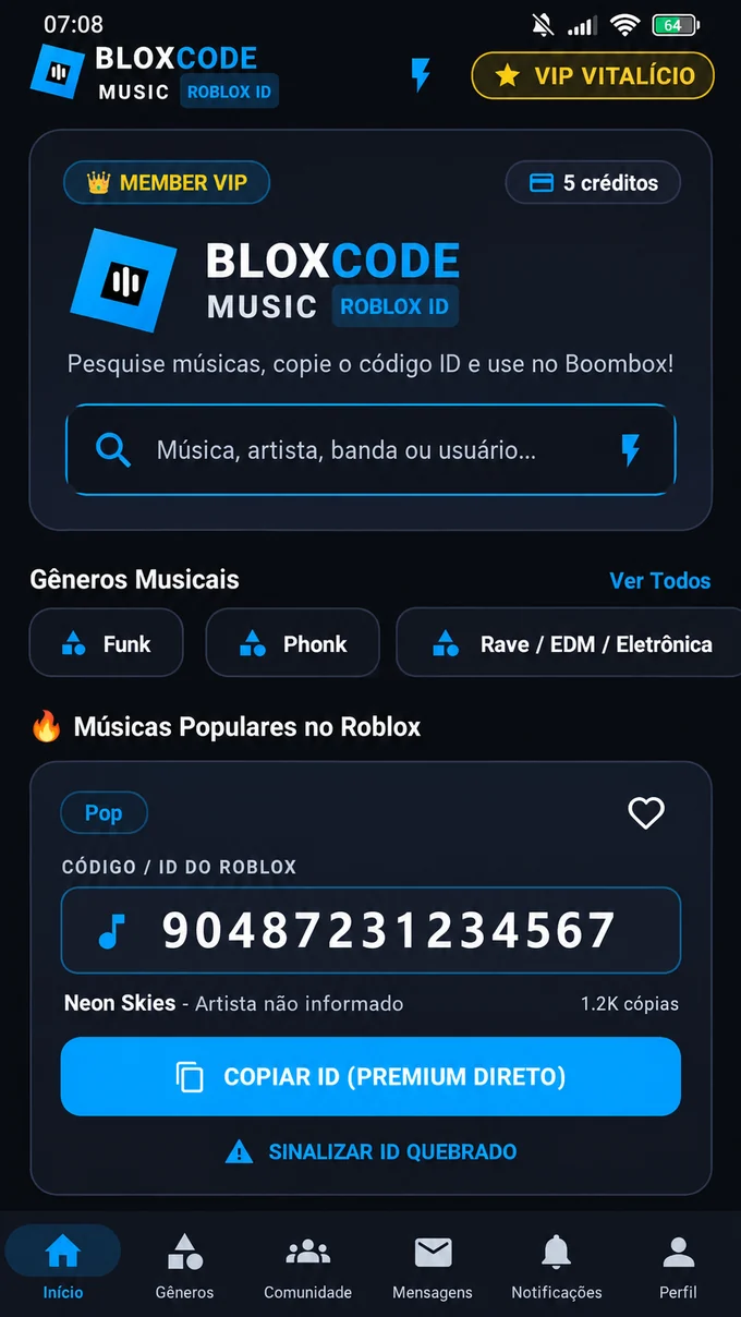 Tela inicial do BloxCode Music mostrando busca por códigos ID e categorias musicais