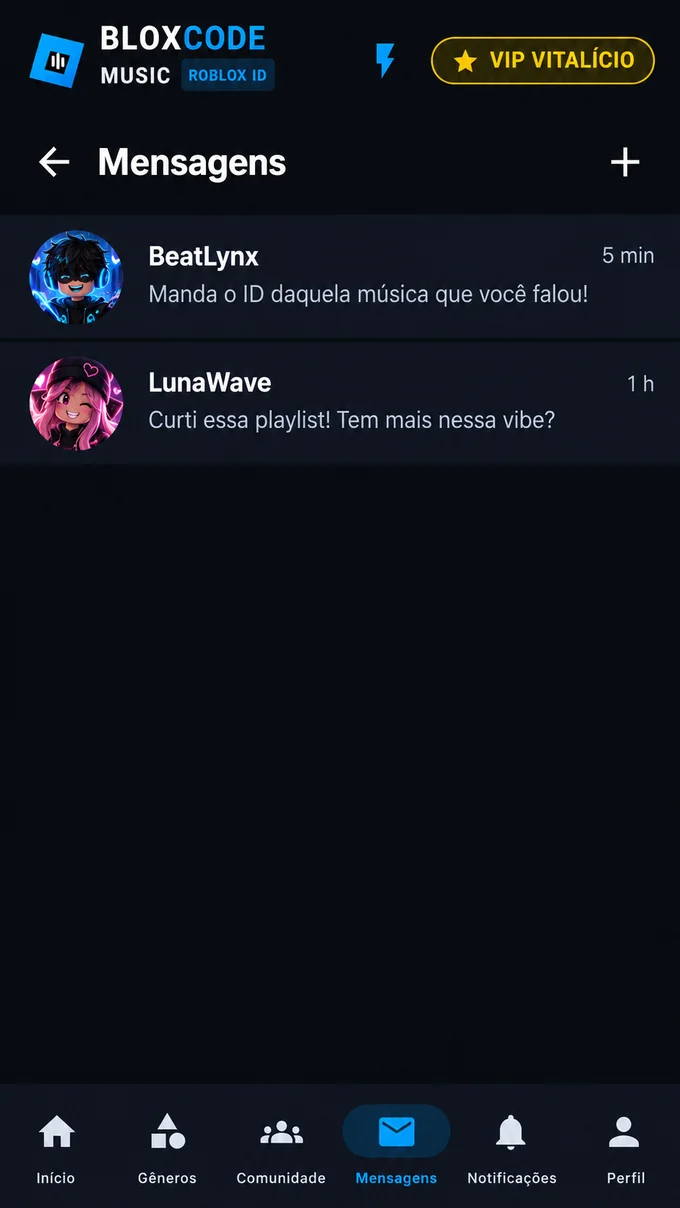 Tela demonstrativa de mensagens com conversas e usuários fictícios